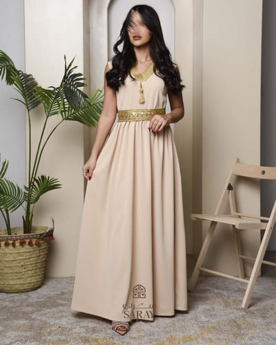 جلابية مميزة شيفون بيج بذهبي