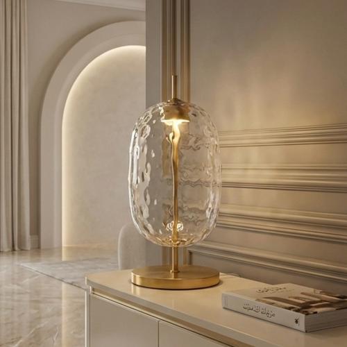 ابجورة طاولة ليد نحاسية زجاج شفاف