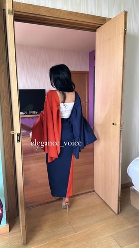 فستان ازرق ب برتقالي مع حزام قماش باربي