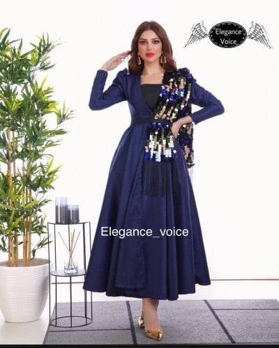 فستان ستن 5 من اللون الكحلي ,حزام ,قطعة متصلة من ا...