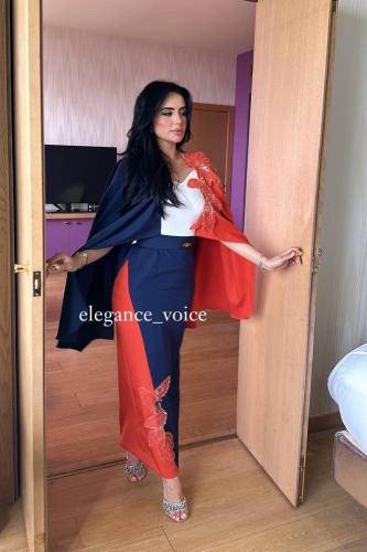 فستان ازرق ب برتقالي مع حزام قماش باربي