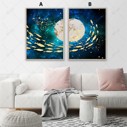 لوحات فن تجريدي لأسماك صينية باللون الذهبي وخلفية...