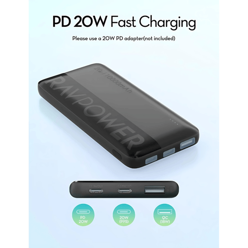 بطارية راف باور بقوة 20 واط بسعة 10000 ملي امبير م...