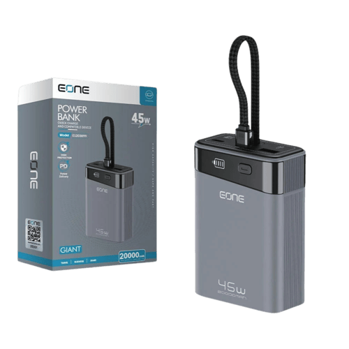 EONE بطارية متنقلة 20الف مع كيبل مدمج -أسود