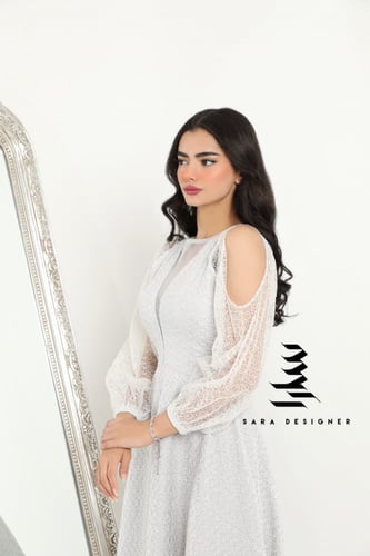 فستان فضي بتطريز كامل