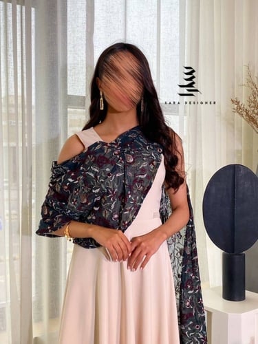 فستان بيج مع شيفون مُطرز