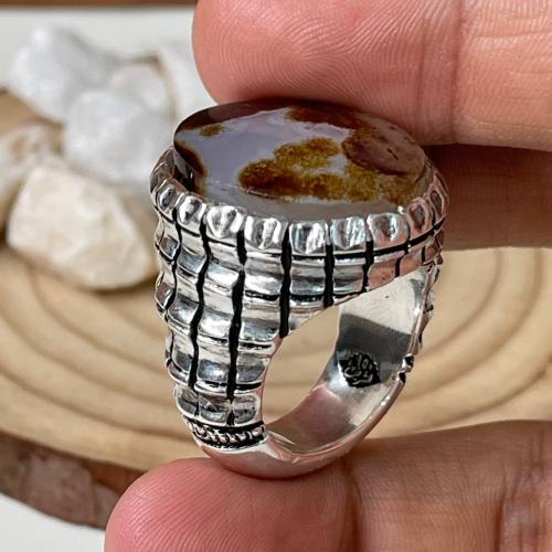 خاتم فضة رجالي بحجر عقيق مشجر يماني طبيعي