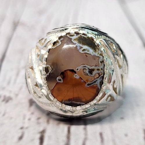 خاتم فضة رجالي بحجر عقيق يماني خرائطي طبيعي