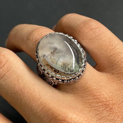 خاتم فضة رجالي بحجر عقيق مشجر يماني طبيعي