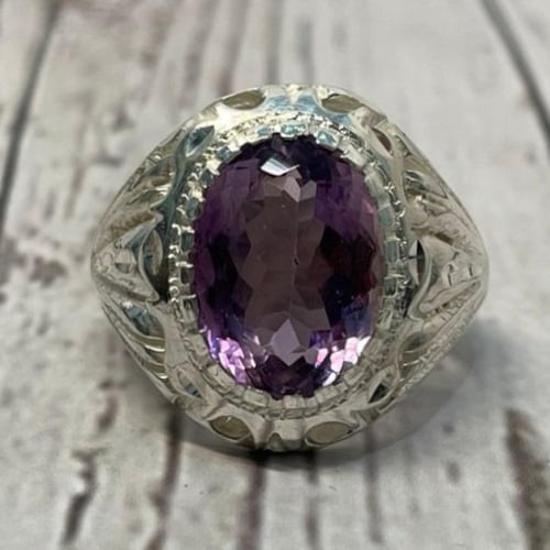 خاتم فضة رجالي بحجر أماتيست (جمشت)