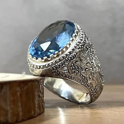 خاتم فضة رجالي بحجر توباز برازيلي لون سويسري