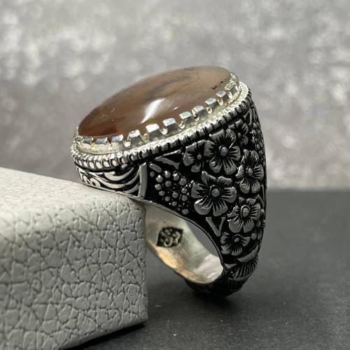 خاتم فضة رجالي بحجر عقيق مشجر يماني طبيعي