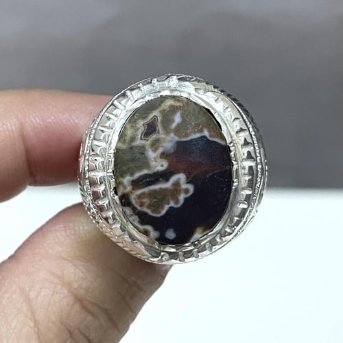 خاتم فضة رجالي بحجر عقيق خرائطي يماني