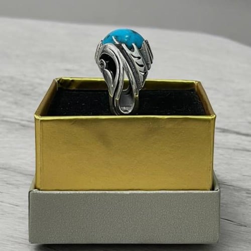 خاتم فضة رجالي بحجر فيروز كرماني طبيعي