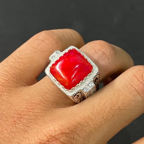 خاتم فضة رجالي بحجر اوبال اثيوبي طبيعي