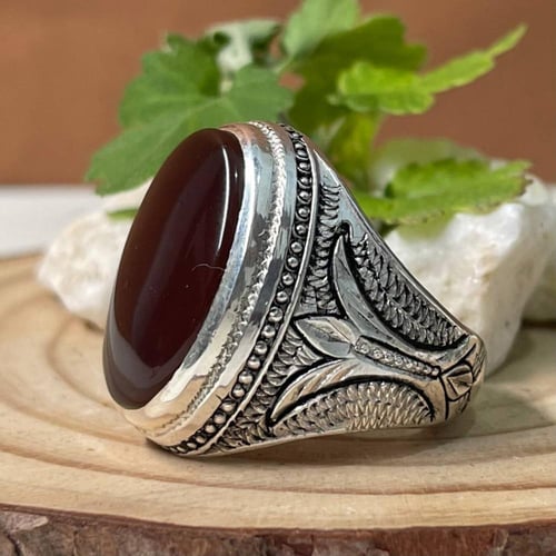 خاتم فضة رجالي بحجر عقيق كرزي يماني طبيعي