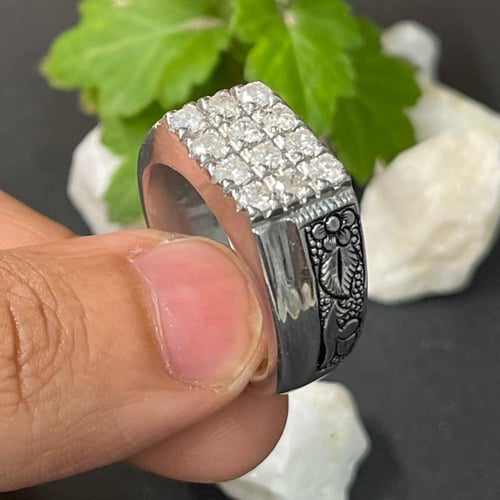 خاتم فضة رجالي مرصع الماس طبيعي