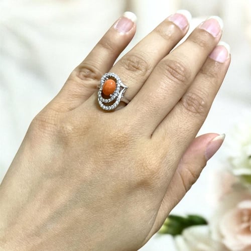 طقم فضة نسائي 3 قطع بحجر مرجان تونسي طبيعي