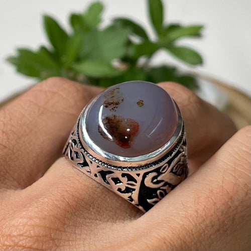 خاتم فضة رجالي بحجر عقيق مصور يماني طبيعي