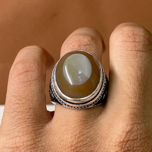 خاتم فضة رجالي بحجر عقيق سليماني يماني طبيعي
