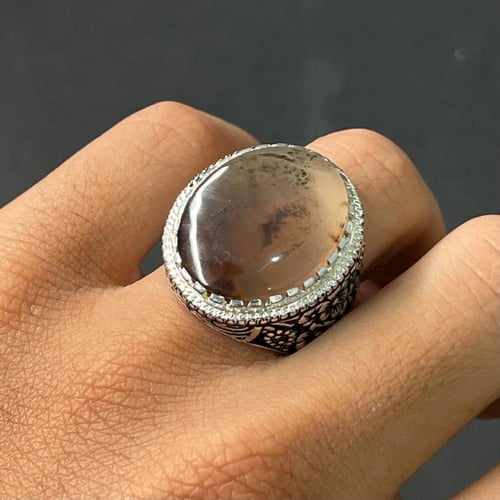 خاتم فضة رجالي بحجر عقيق مشجر يماني طبيعي