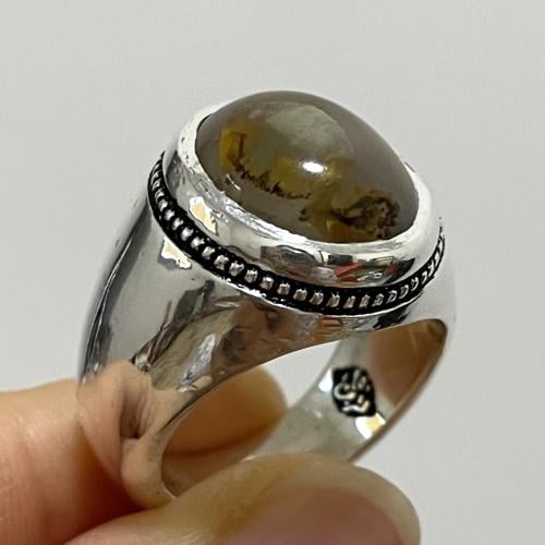 خاتم فضة رجالي بحجر عقيق مصور يماني طبيعي