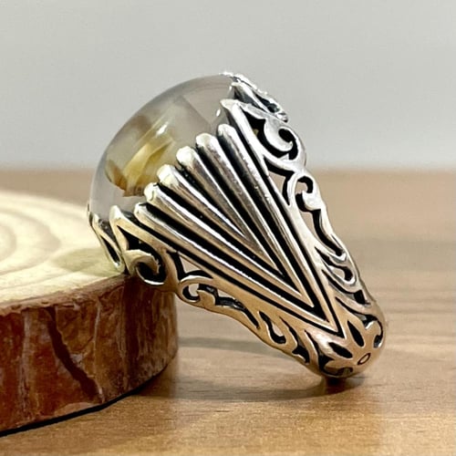 خاتم فضة رجالي بحجر عقيق مصور يماني طبيعي