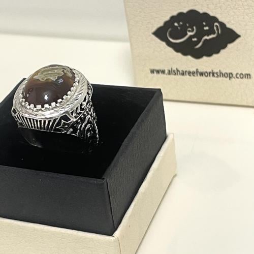 خاتم فضة رجالي بحجر عقيق يماني خرائطي طبيعي