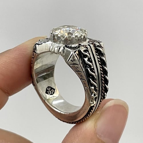 خاتم فضة رجالي مشغول مع نحاس احمر بحجر الموزنايت ب...