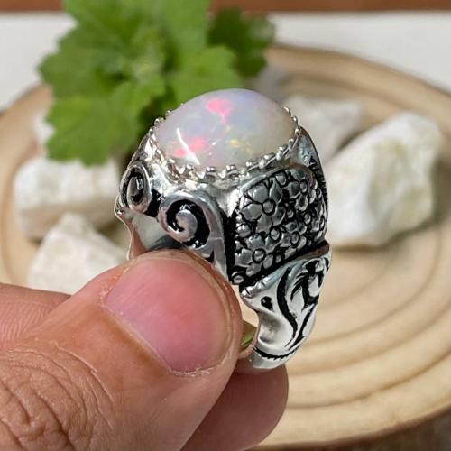خاتم فضة رجالي بحجر اوبال اثيوبي طبيعي