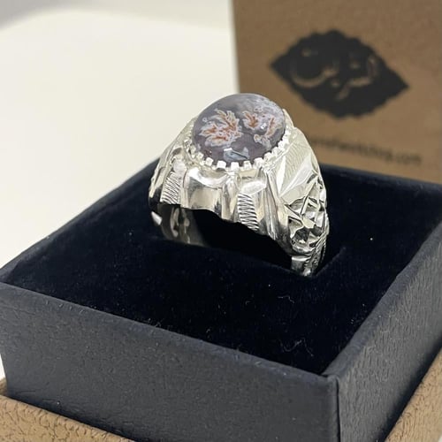 خاتم فضة رجالي عقيق خرساني ورد الربيع