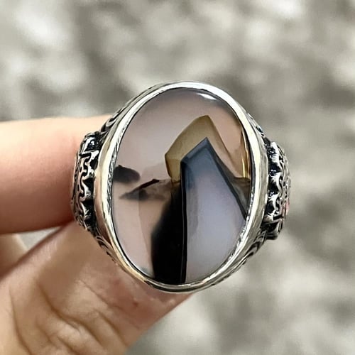 خاتم فضة رجالي بحجر عقيق مصور يماني طبيعي