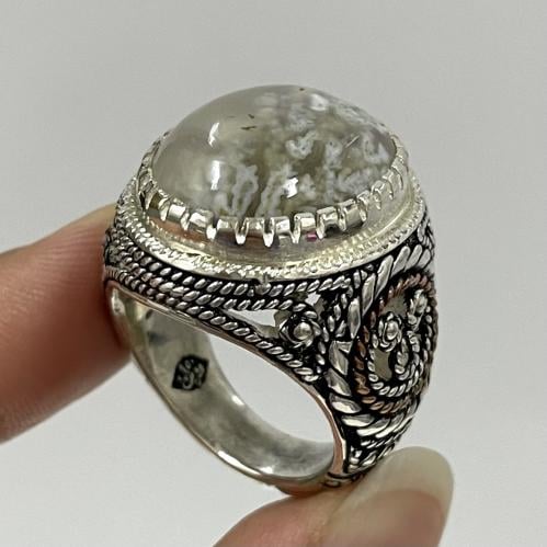 خاتم فضة رجالي مشغول مع نحاس بحجر عقيق خرساني ورد...