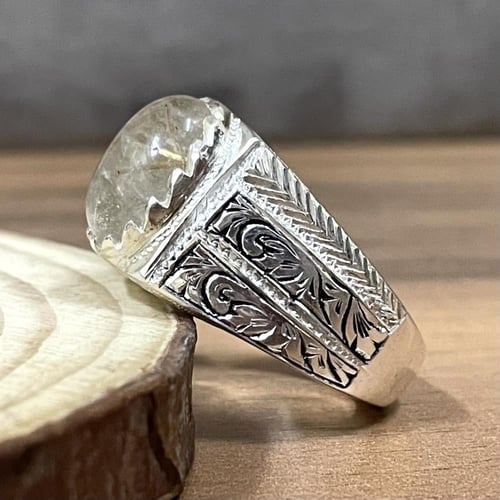 خاتم فضة رجالي بحجر در مسماري طبيعي