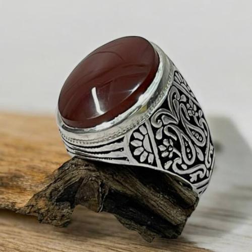 خاتم فضة رجالي بحجر عقيق كبدي يماني