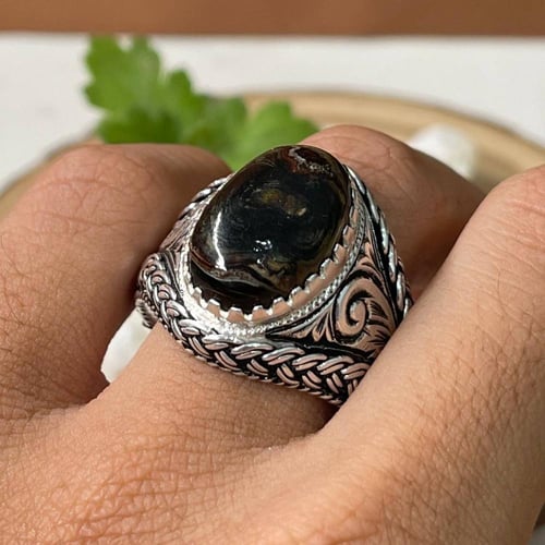 خاتم فضة رجالي بحجر يسر طبيعي