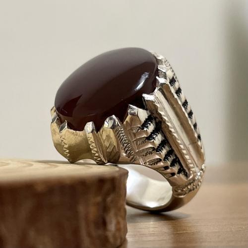 خاتم فضة رجالي بحجر عقيق كرزي انسي يماني طبيعي