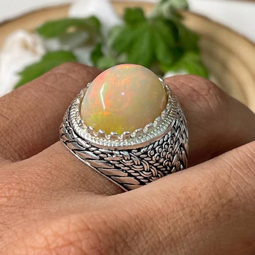 خاتم فضة رجالي بحجر اوبال اثيوبي طبيعي
