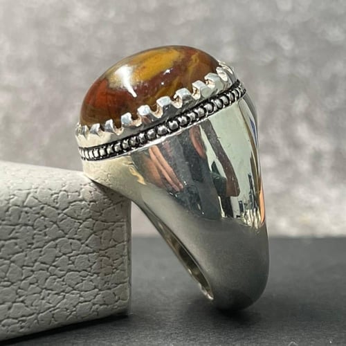 خاتم فضة رجالي بحجر دم يماني طبيعي