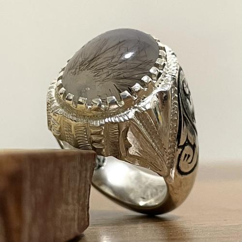 خاتم فضة رجالي بحجر عقيق مسماري طبيعي