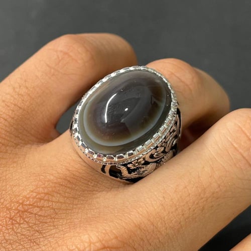 خاتم فضة رجالي بحجر عقيق سليماني طبيعي
