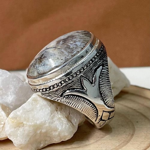 خاتم فضة رجالي بحجر عقيق مسماري يماني طبيعي