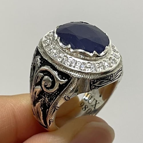 خاتم فضة رجالي بحجر زفير افريقي مرصع موزنايت