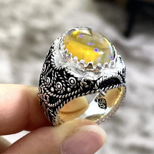 خاتم فضة رجالي بحجر اوبال اثيوبي طبيعي