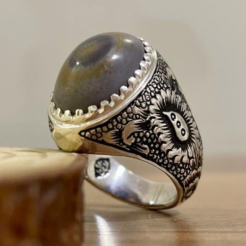 خاتم فضة رجالي بحجر عقيق سليماني طبيعي