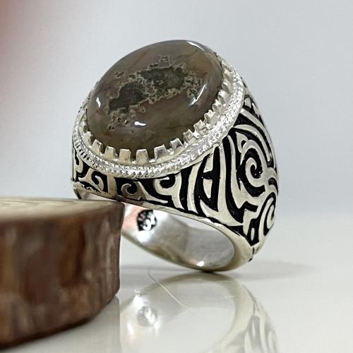 خاتم فضة رجالي بحجر عقيق خرائطي يماني طبيعي