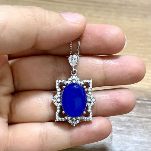 قلادة فضة نسائية بحجر عقيق ازرق مرصع زركون سويسري