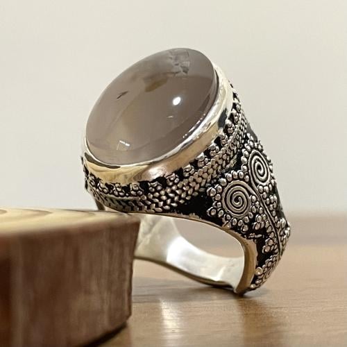 خاتم فضة رجالي بحجر عقيق مصور يماني طبيعي