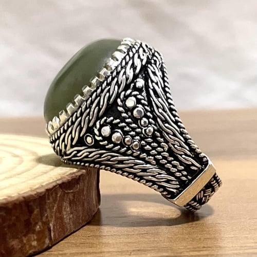 خاتم فضة رجالي بحجر يشم يماني طبيعي