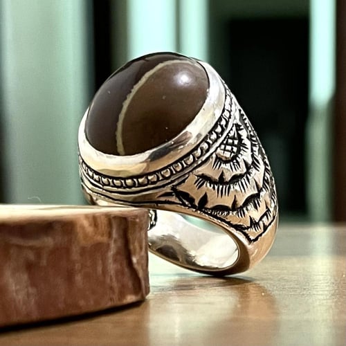خاتم فضة رجالي بحجر عقيق خرائطي يماني طبيعي